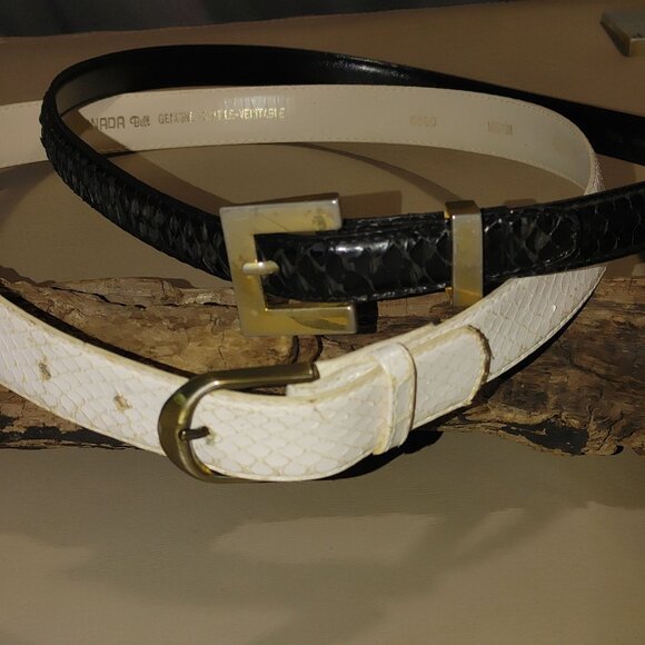 Snakeskin Reptile Dress Belts Lot  Gold Tone Buckles ML  Vintage Black White - Picture 5 of 13